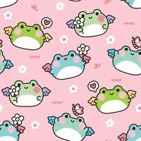 Seamless pattern of cute round shape frog have wing fly with heart flower and butterfly background.Angle.Reptile animal character cartoon.Kawaii.Illustration. vector