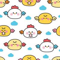 Seamless pattern of cute round shape hen and chicken have wing fly with egg cloud background.Angle.Farm bird animal character cartoon.Painting book.Kawaii.Illustration. vector