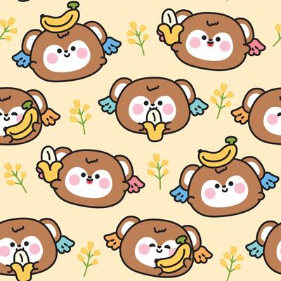 Seamless pattern of cute round shape monkey have wing fly with banana fruit background.Flower.Angle.Wild animal character cartoon.Kawaii.Illustration.