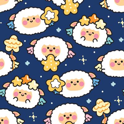 Seamless pattern of cute round shape sheep have wing fly with star on night sky background.Angle.Farm animal character cartoon.Kawaii.Illustration.