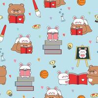 Seamless pattern of cute teddy bear and rabbit in back to school with heart background.Student and teacher.Brush,basketball,science experiment bottle,pencil,trophy.Study learn.Animal character cartoon vector