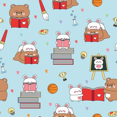 Seamless pattern of cute teddy bear and rabbit in back to school with heart background.Student and teacher.Brush,basketball,science experiment bottle,pencil,trophy.Study learn.Animal character cartoon