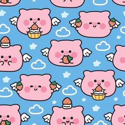 Seamless pattern of cute round shape pig have wing fly with cupcake strawberry on cloud star sky background.Angle.Farm animal character cartoon.Kawaii.Illustration.