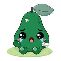 Sad And Crying Avocado Cartoon Character With Wound On His Body Sitting On The Green Grass vector