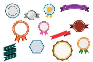 Colorful award badges and ribbons in various blank round and geometric shapes on white background vector