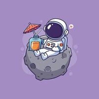 Cute Astronaut relaxing on the moon with a refreshing drink vector