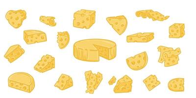 collection of cheese slice illustrations. Hand-drawn doodle style with wedges, blocks, and melted pieces. Perfect for food design, menus, packaging. EPS vector