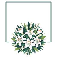 A bouquet of white lilies and leaves in a frame vector