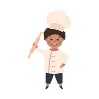 Cute Boy Chef Cook with Rolling Pin, Smiling Kid in Chef Uniform Cooking in Kitchen Cartoon Style Illustration vector