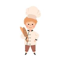 Cute Boy Chef Cook Holding Fresh Baked Loaf of Bread, Kid in Chef Uniform Cooking in Kitchen Cartoon Style Illustration vector