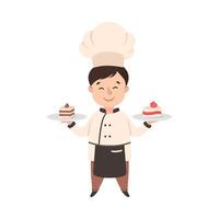 Cute Boy Chef Cook Holding Plate with Sweet Desserts, Kid in Chef Uniform Cooking in Kitchen Cartoon Style Illustration vector