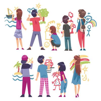Children Drawing Pictures Scribbles on Walls, Kids Drawing with Colorful Chalk Pencils and Crayons, Back View Cartoon Style Illustration