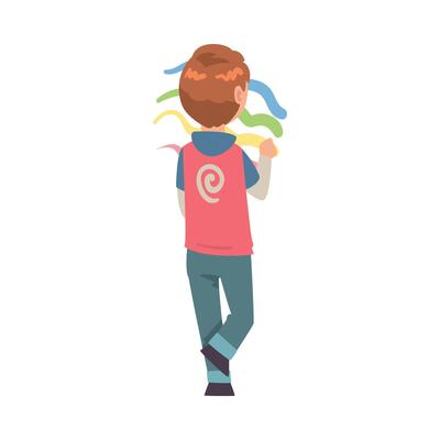 Cute Boy Drawing Pictures Scribbles on Wall, Kid Drawing with Colorful Chalk Pencils and Crayons, Back View Cartoon Style Illustration