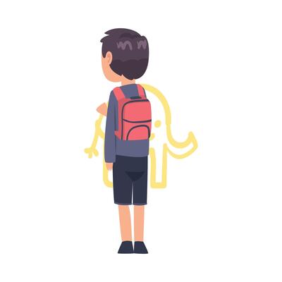 Cute Boy Drawing Pictures Scribbles on Wall, Kid Drawing with Colorful Crayons, View from Behind Cartoon Style Illustration