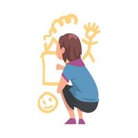 Girl Drawing Pictures Scribbles on Wall, Kid Drawing with Colorful Chalk Pencils and Crayons, Back View Cartoon Style Illustration vector