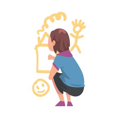 Girl Drawing Pictures Scribbles on Wall, Kid Drawing with Colorful Chalk Pencils and Crayons, Back View Cartoon Style Illustration
