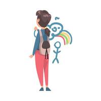 Boy with Backpack Drawing Pictures Scribbles on Wall, Kid Drawing with Colorful Chalk Pencils and Crayons, View from Behind Cartoon Style Illustration vector