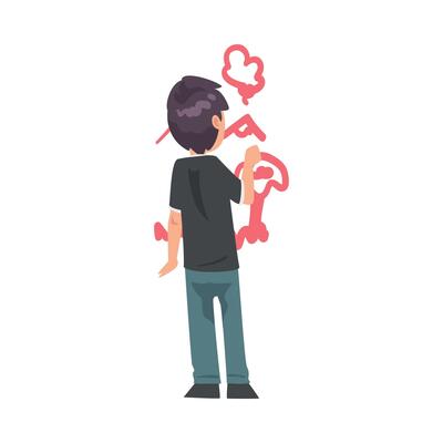Cute Boy Drawing Pictures Scribbles on Wall, View from Behind Cartoon Style Illustration