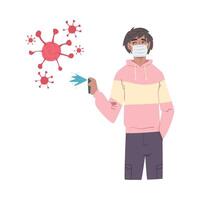 Man in Protective Mask Spraying Antibacterial Liquid for Virus Prevent, Protection from Virus Outbreak, Pandemic Prevention Concept Cartoon Style Illustration vector