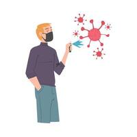 Man in Protective Black Mask with Antibacterial Spray for Virus Prevent, Protection from Virus Outbreak, Pandemic Prevention Concept Cartoon Style Illustration vector