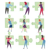 People Solving Jigsaw Puzzles Set, Persons Trying to Connect Green Puzzle Elements Cartoon Style Illustration vector