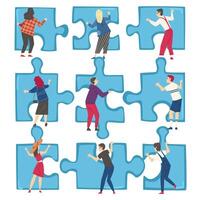 People Solving Jigsaw Puzzles Set, Back View of Men and Women Trying to Connect Blue Puzzle Elements Cartoon Style Illustration vector
