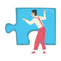 Back View of Young Man Solving Jigsaw Puzzle, Person Trying to Connect Blue Puzzle Element Cartoon Style Illustration vector