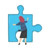 Back View of Woman Solving Jigsaw Puzzle, Businesswoman Trying to Connect Blue Puzzle Element Cartoon Style Illustration vector