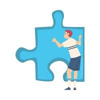 Back View of Man Solving Jigsaw Puzzle, Man in Sports Unifrom Trying to Connect Blue Puzzle Element Cartoon Style Illustration vector