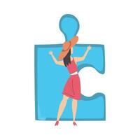 Back View of Slim Beautiful Woman Solving Jigsaw Puzzle,Girl in Red Dress and Hat Trying to Connect Blue Puzzle Element Cartoon Style Illustration vector