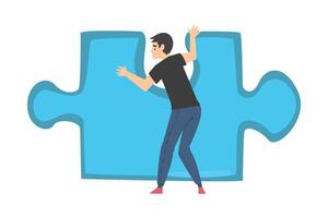Back View of Man Solving Jigsaw Puzzle, Businessman Trying to Connect Blue Puzzle Element Cartoon Style Illustration vector