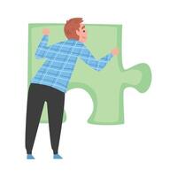 Back View of Man Solving Jigsaw Puzzle, Person Trying to Connect Big Green Puzzle Element Cartoon Style Illustration vector