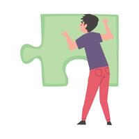 Back View of Young Man Solving Jigsaw Puzzle, Guy Trying to Connect Big Green Puzzle Element Cartoon Style Illustration vector