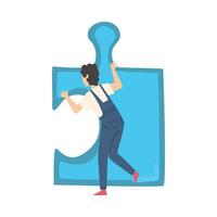 Back View of Woman Solving Jigsaw Puzzle, Person in Denim Overalls Trying to Connect Blue Puzzle Element Cartoon Style Illustration vector