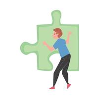 Man Solving Jigsaw Puzzle, Back View of Guy Trying to Connect Big Green Puzzle Element Cartoon Style Illustration vector