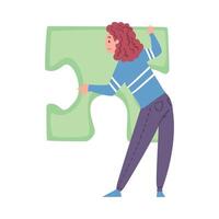 Back View of Woman Solving Jigsaw Puzzle, Girl Trying to Connect Big Green Puzzle Element Cartoon Style Illustration vector