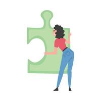 Beautiful Young Woman Solving Jigsaw Puzzle, Back View of Girl Trying to Connect Big Green Puzzle Element Cartoon Style Illustration vector