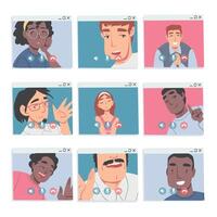 People Talking to Each Other on Computer Screen Set, Friends or Colleagues Having Conference Calls, People Working from Home, Social Distancing Illustration vector