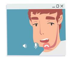 Young Man Having Call, People Talking to Each Other on Computer Screen, Working from Home, Social Distancing Concept Illustration vector