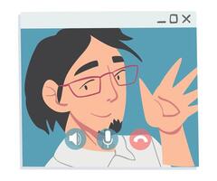 Guy Having Call, Young Man Waving his Hand from Computer Screen, People Chatting Online, Working from Home, Social Distancing Illustration. vector