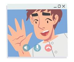 Boy Having Call, Guy Waving his Hand from Computer Screen, People Chatting Online, Working from Home, Social Distancing Concept Illustration vector