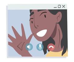 Girl Having Call, Girl Waving her Hand from Computer Screen, Conference Call, Working from Home, Social Distancing Illustration vector
