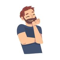 Young Bearded Man Thinking up an Idea with Happy Facial Expression and Closed Eyes, Guy Dreaming about Something Cartoon Style Illustration vector