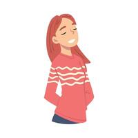 Redhead Girl Thinking up an Idea with Happy Facial Expression, Person Relaxing and Dreaming about Something Cartoon Style Illustration vector
