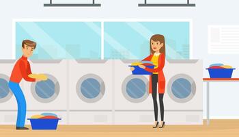 Public Laundrette with Laundromat Washing Machines, People Visiting Laundry Loading Clothes for Washing and Drying Illustration vector