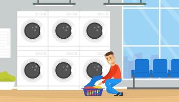 Public Laundrette with Laundromat Washing Machines, Man Loading Clothes for Washing and Drying Cartoon Illustration vector