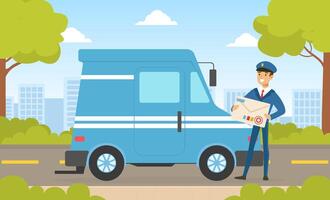 Mailman in Blue Uniform Delivering Mails to Customers by Van Car, Delivery Service Concept Illustration vector