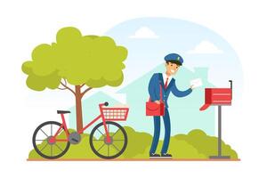 Postman Putting Letter in Mailbox, Mailman in Blue Uniform Delivering Mails to Customers on Bike, Delivery Service Concept Illustration vector