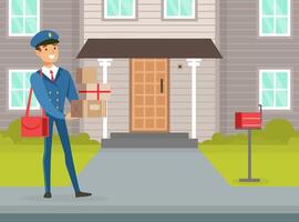 Postman Delivering Parcels at Home, Mailman in Blue Uniform Delivering Mails and Packagings to Customers, Delivery Service Concept Illustration vector