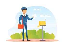 Postman Putting Letter in Mailbox, Mailman in Blue Uniform Delivering Mail to Customer, Delivery Service Concept Illustration vector